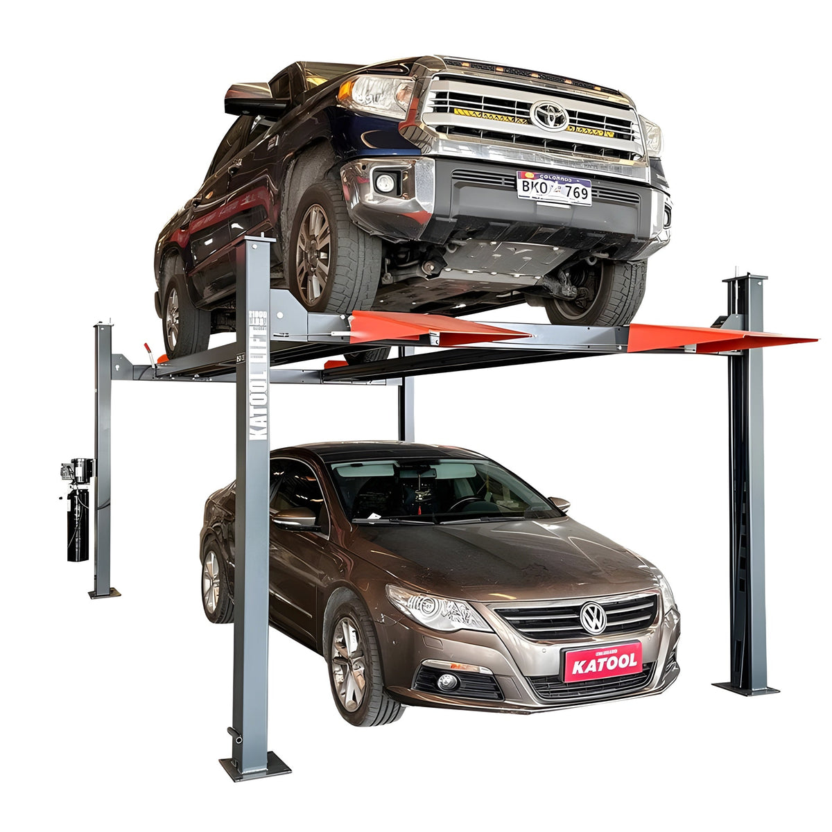 Katool KT-4H110 11,000 lb four-post car lift full side view with ramps and runways