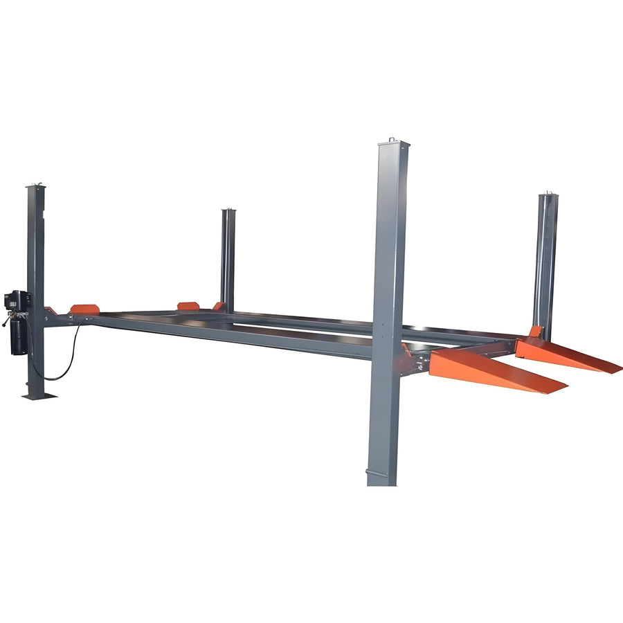 KT-4H110 four-post lift non-skid diamond-plate steel runways close-up