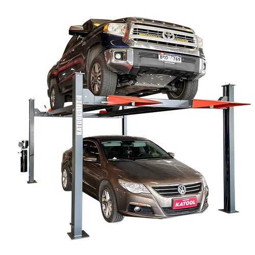 Katool KT-4H110 11,000 lb four-post car lift full side view with ramps and runways