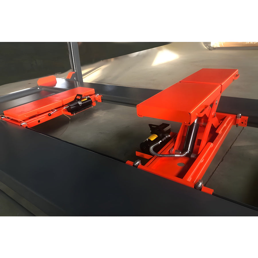 Four-post lift storing two vehicles, one above the other