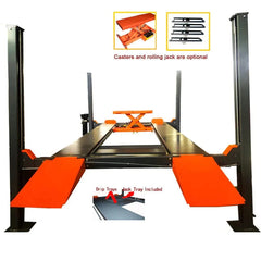 KT-4H110 four-post lift included accessories: drip trays and rolling jack tray