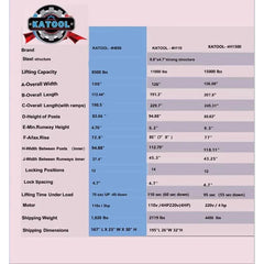 KT-4H110 four-post lift specification and dimension comparison chart